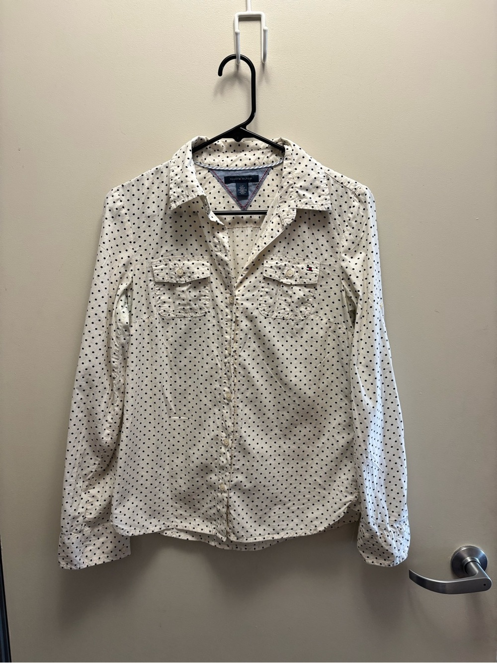 Tommy Hilfiger Cream Shirt with Black Polka Dots size S